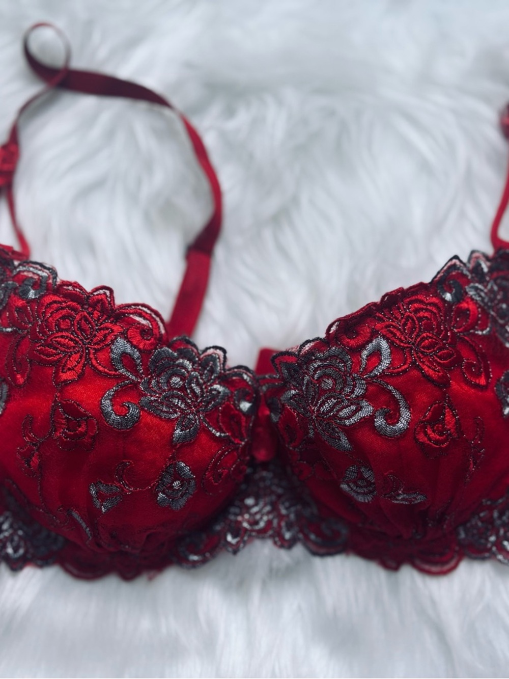 Lace-Embroidered Red Satin Underwire Bra